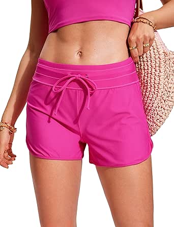 CRZ YOGA Womens Swim Shorts 3'' - High Waisted Quick Dry Beach Board Shorts Swimwear Bottoms Bathing Shorts with Liner