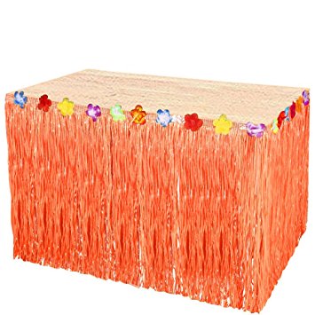 BUTEFO Hawaiian Luau Table Skirt Decorations Grass Hula & Colorful Silk Faux Flowers Table Hula Grass Skirt for Party Decoration, Events, Birthdays, Celebration
