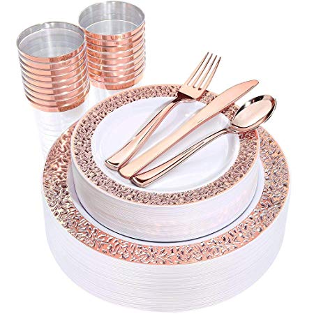 WDF 150 Rose Gold Disposable Plates & Plastic Silverware &Plastic Cups, Lace Dinnerware : 25 Dinner Plates 10.25 inch, 25 Dessert Plates 7.5 inch, 25 Tumblers 10 oZ, 25 Forks, 25 Knives, 25 Spoons