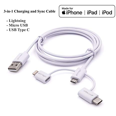 3 in 1 Lightning   USB-C/Type C   Micro USB, MFi Certified Charge and Sync Cable (4ft/1.2m) for iPhone, iPad, MacBook, Samsung/Google Android Cellphone, Smartphone,Tablet, Galaxy S8, Google Pixel.