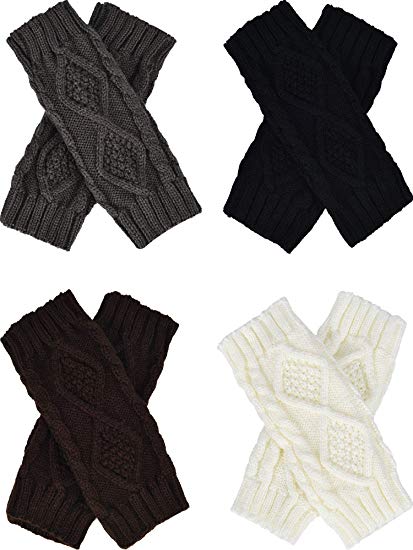 Tatuo 4 Pairs Women's Crochet Fingerless Gloves Knit Arm Warmers Sleeves Rhombus Gloves Thumb Hole Mittens