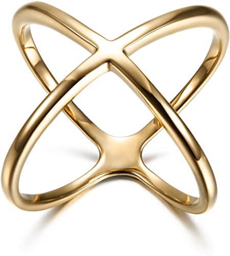 WISTIC Stainless Steel Ring Gold Plated Women Criss Cross Ring, Size 7-10