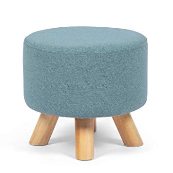 Edeco Modern Round Ottoman Foot Rest Stool/Seat Pouf Ottoman with Linen Fabric and Non-Skid Wooden Legs (Blue)
