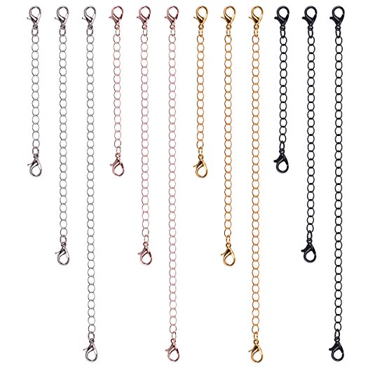 Paxuan 12pcs Silver Rose Gold Black Surgical Stainless Steel Necklace Bracelet Extender Chain Set Jewelry Extenders 2'' 4'' 6''