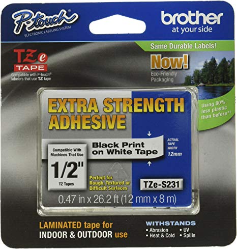 Brother Genuine P-touch TZe-S231 Tape, 1/2" (0.47") Wide Standard Laminated Tape,0.47" x 26.2 ft (12mm x 8mm)