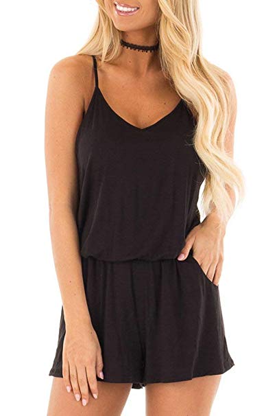 REORIA Womens Summer Loose V Neck Spaghetti Strap Short Jumpsuit Rompers