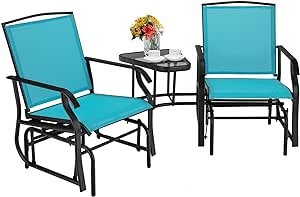 Giantex Outdoor Glider Chairs with Table & Umbrella Hole, Patio 2-Seat Rocking Chair Outside Loveseat Swing w/Breathable Fabric for Garden, Backyard, Poolside, Lawn Metal Glider Bench(Turquoise)