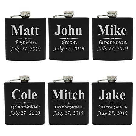 Set of 1, 2, 3, 4, 5, 6, 7, 8 Personalized Black Flask - Custom Engraved Groomsmen, Best Man, Groom Gift Flasks - 3 Lines Style (6)