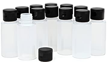 Vivaplex, 12, Clear, 2 oz, Plastic Squeeze Bottles, with Black Flip Top Caps