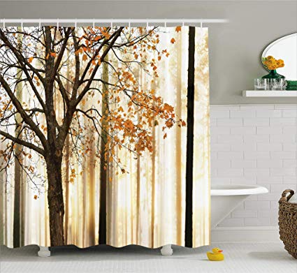 Ambesonne Shower Curtain Fall Trees Print Mom Gift Ideas Polyester Fabric Hooks Included, Orange Ivory Brown Beige