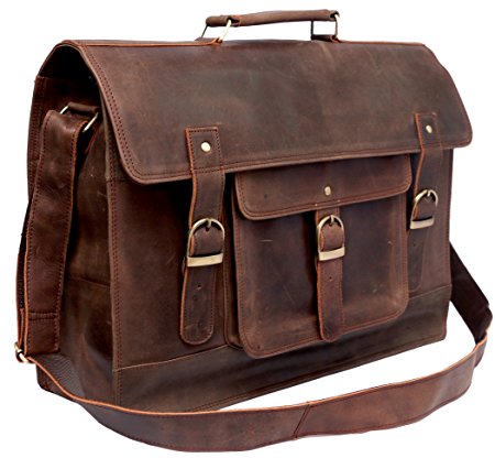 Feather Feel 18" Large Hunter Leather Messenger Bag Business Bag Office Bag Travel Satchel Flight Bag 17.5 Laptop Bag Macbook Bag