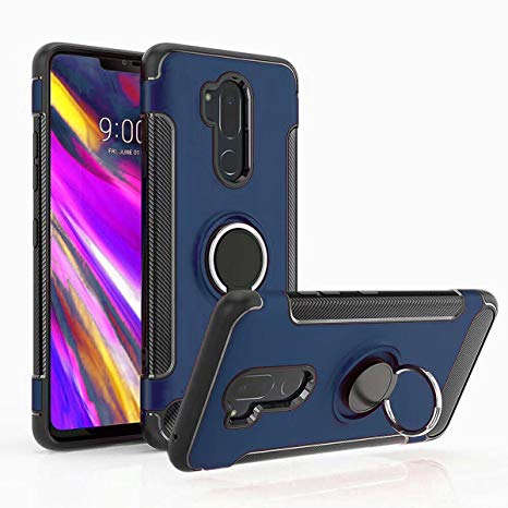 LG G7 ThinQ case, Rotating Ring Mingwei [ 360 ° Kickstand] Carbon Fiber [Dual Shockproof] Protection Cover Compatible with [Magnetic Car Mount] for LG (G7, Blue)