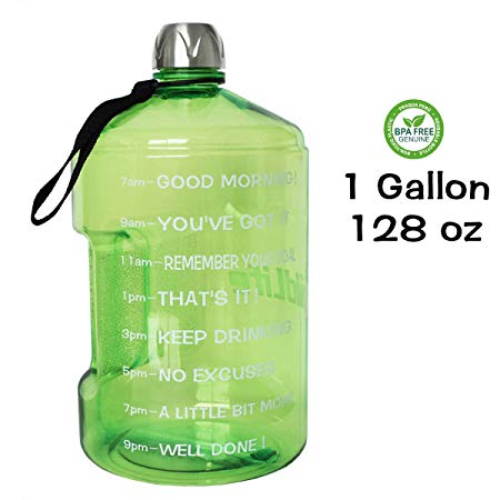 QuiFit 1 Gallon Water Bottle Reusable Leak-Proof Drinking Water Jug for Outdoor Camping BPA Free Plastic Sports Water Bottle with Daily Time Marked (128oz/73oz/43oz)