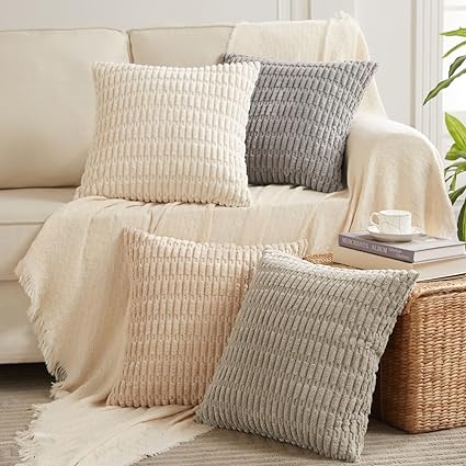 Fancy Homi 4 Packs Neutral Decorative Throw Pillow Covers 16x16 Inch for Living Room Couch Bed Sofa, Rustic Farmhouse Boho Neutral Home Decor, Soft Plush Striped Corduroy Square Cushion Case 40x40 cm