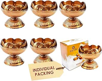 SATVIK 6 Pc Brass Diya (Big) for Diwali Decoration. Handmade Oil Lamp with Golden Engraved Made of Virgin Brass Metal. Diwali Diya Vilakku for Puja Pooja. Traditional Indian Deepawali Gift Items