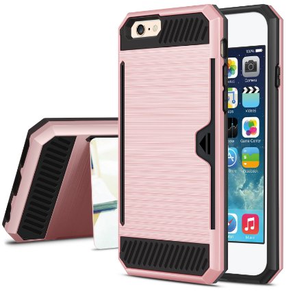 iPhone 6 Case, TILL(TM) Impact Resistant Protective Shell iPhone 6S Wallet Cover Shockproof Rubber Bumper Case Anti-scratches Hard Cover Skin with Card Slot Holder for iPhone 6 6S 4.7 inch-Rose