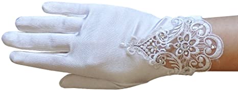 ZAZA BRIDAL Girl's Satin Gloves with Embroidery & rhinestone accents
