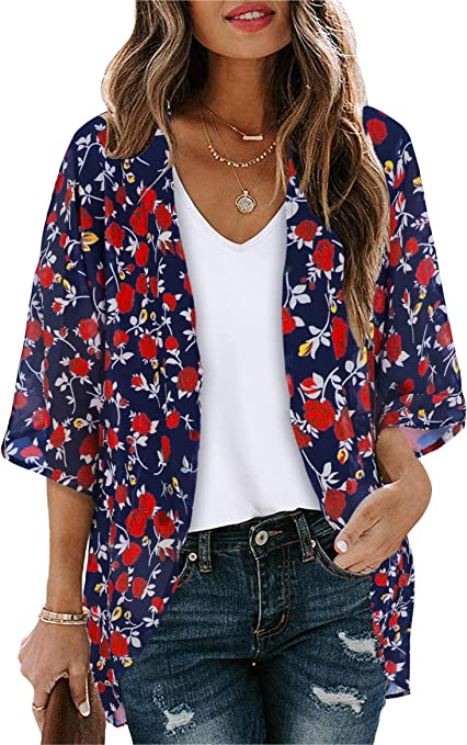 Women's Floral Print Puff Sleeve Kimono Cardigan Loose Cover Up Casual Blouse Tops