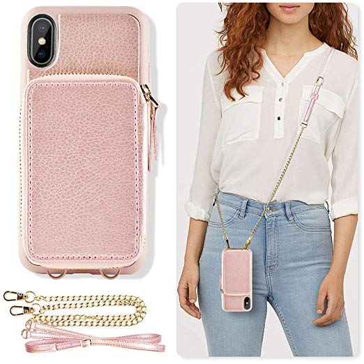 ZVE Case for iPhone Xs Max Case, 6.5 inch, Walllet Case with Credit Card Holder Slot Crossbody Chain Handbag Purse Wrist Zipper Strap Case Cover for Apple iPhone Xs Max 2018 - Rose Gold