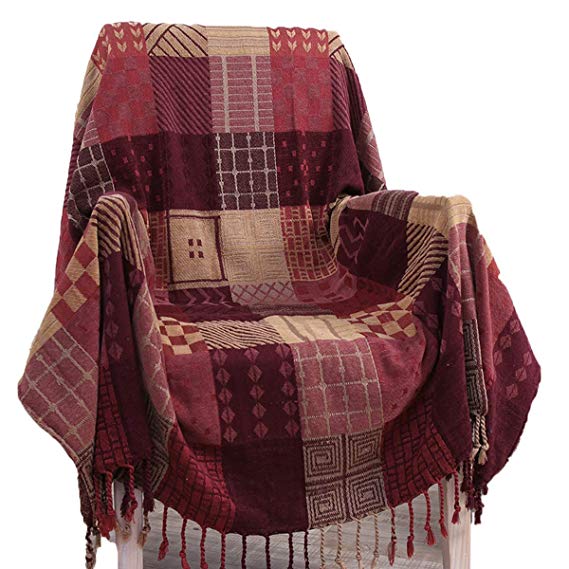 Homiest Bohemian Chenille Throw Blanket with Fringes 60 x 75 for Bed Couch Decorative Soft Chair Cover (Red Plaid)
