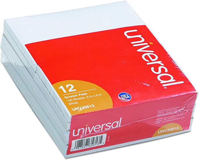 Universal Scratch Pads, Unruled, 3" x 5, White, 100 Sheets, 12/Pack (35613)