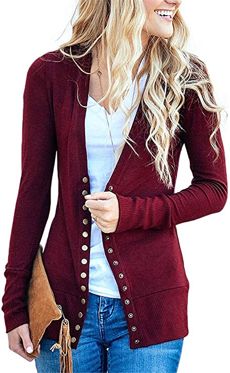 CNFIO Womens Cardigans Long Sleeve Knitwear Button Down V-Neck Basic Knitted Sweater Outwear