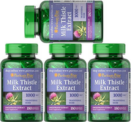 Puritan's Pride 4-pack of Milk Thistle 4:1 Extract 1000 mg (Silymarin) -180 Softgels (720 Total)