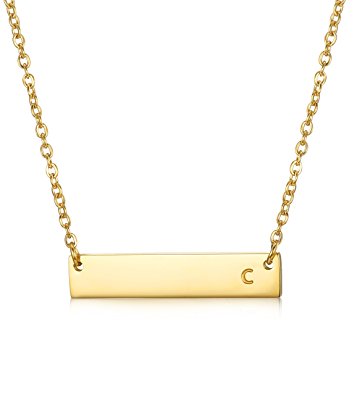 LOYALLOOK Stainless Steel Gold Tone Initial Bar Necklace Alphabet Pendant Necklace 16" with 2" extender Mothers Necklace