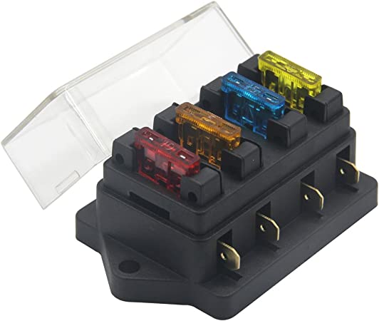 ZOOKOTO 12V/24V 4 Way Car Auto Blade Fuse Board Box Standard Blade Fuse Box Holder Block with 5A/10A/15A/20A Fuses