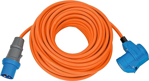 Brennenstuhl Camping CEE Extension Cable with CEE Plug and Angled Coupling Including Earthing Contact Combination Socket (25 m Cable in Orange, 230 V/16 A, Outdoor Use, Made in Germany)