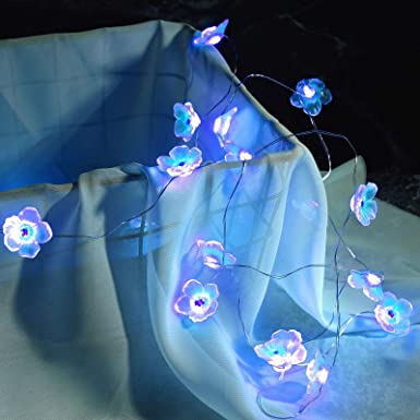 6.6 ft 20 LEDs Flower String Lights Fairy Cherry Blossom String Lights Wire Battery Powered String Lights for Valentine's Day Wedding Nursery Girls Bedroom Decoration (Blue)