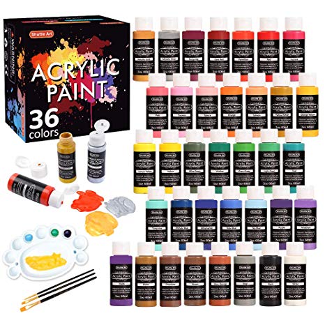 Acrylic Paint Set, Shuttle Art 36 Colors (60ml, 2oz) with 3 Brushes & 1 Palette, Craft painting, Rich Pigments,Non-Toxic for Artists,Beginners and Kids on Rocks, Crafts, Canvas,Wood, Fabric, Ceramic