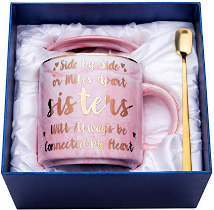 Luspan Sister Mug Gifts from Sister and Friend – Side by Side or Miles Apart, Sisters Will Always be Connected by Heart - Pink Marble Ceramic Coffee Mugs 11.5oz and FREE Cup Lid