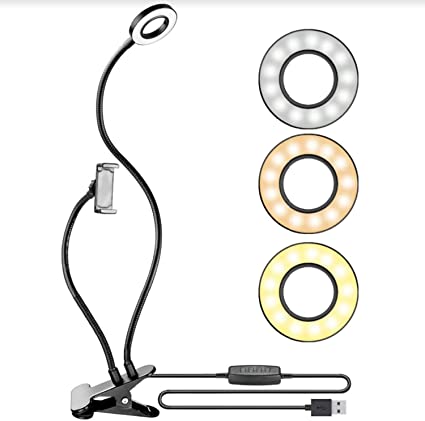 Socialite Flexible Arm Phone Holder - Selfie Ring Light Clamp Mount for Desk, Bed, Office, YouTube, Video, Live Steam & Broadcast - 360 Clip Stand w/3 LED Settings & USB Plug In - For iPhone & Samsung