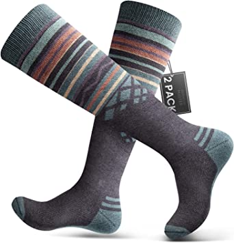 Ski Socks 2-Pack Merino Wool, Over The Calf (OTC) Non-Slip Cuff for Men & Women