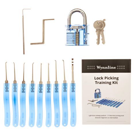 11 Piece Lock Pick Training Set with See Through Practice Lock in Blue, Great for Intermediate and Beginners alike. Instructions included with every order