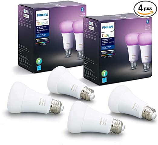 Philips Hue White & Color Ambiance White Smart A19 Lights with Bluetooth, Hue Hub Compatible 4- pack, 548610-4