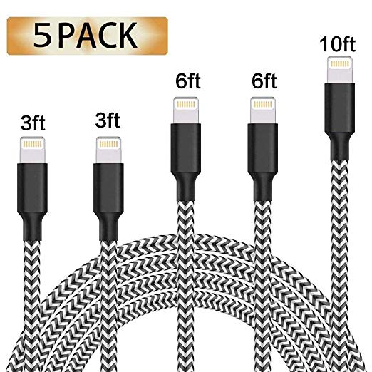 Phone Charger,5 Pack [3-3-6-6-10 FT] Extra Long Nylon Braided USB Charging & Syncing Cord Compatible iPhone Xs/XR/XS Max/X/7/7Plus/8/8Plus/6S/6S Plus/5se/5s/5c/5 More (Black&White)