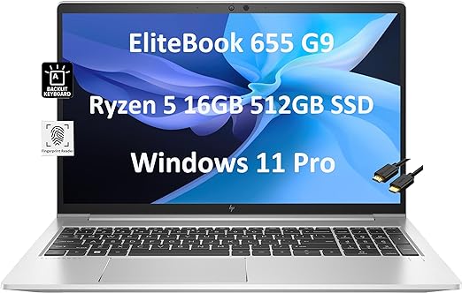 HP EliteBook 655 G9 Business Laptop (15.6" FHD, AMD Ryzen 5 PRO 5675U (Beat i7-1165G7)), 16GB RAM, 512GB SSD, Backlit, Fingerprint, Long Battery Life, Webcam, Wi-Fi 6, IST Cable, Win 11 Pro, Silver