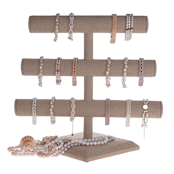 Beige Linen Triple Tier Jewelry Bracelet Organizer Display Stand