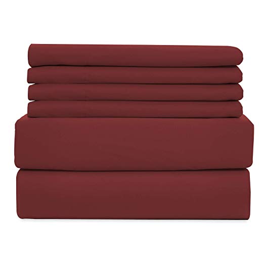WAVVA Soft Bedding 6 Piece Bed Sheets Set - Hotel Collection 1800 Premium Quality Deep Pocket, Wrinkle & Fade Resistant - Burgundy, King