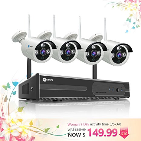 anni 4CH 720P HD NVR Wireless Security CCTV Surveillance Systems, Wifi NVR Kit and (4) 1.0MP Megapixel Wireless Indoor Outdoor Bullet IP Cameras, P2P, 65ft Night Vision,NO HDD