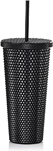 ALINK Studded Tumbler with Lid and Straw, Reusable Cup with Straws Lids, Plastic Water Bottle, Iced Coffee Travel Mug Cup (Black)