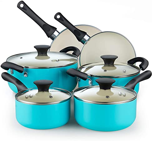 Cook N Home 10 Piece Nonstick Ceramic Coating Cookware Set, Turquoise