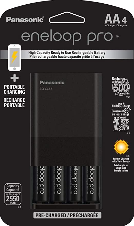 Panasonic K-KJ87KHA4BA Individual Battery Charger with Portable Charging Technology and 4AA eneloop pro Rechargeable Batteries, Black