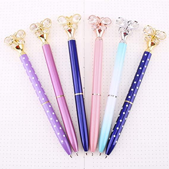 Vooteen Butterfly Ballpoint Pens, 6Pcs Crystal Metal Ballpoint Pen, Supply for Student School Office