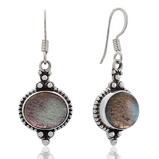 925 Sterling Silver Natural Gemstone Indian Inspired Vintage Oval Dangle Hook Earrings 1.5"