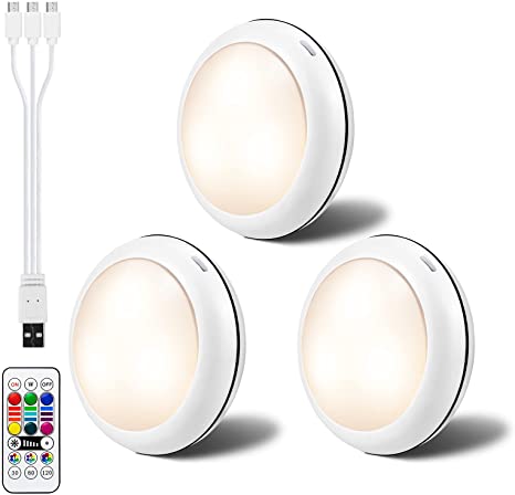 LEDGLE LED Puck Light 3 Pack with Remote Cabinet Lights, Upgraded 16 Colors Rechargeable Wireless led Lights, with Timing Dimmable Closet Lights, Under Cabinet Lighting for Kitchen, Stair Lights