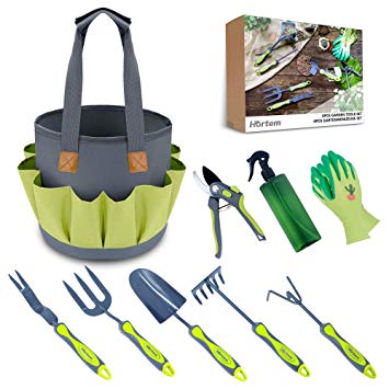 Hortem Gardening Tools for Women Men, 9 Piece Garden Tools Set, Durable Carbon Steel Hand Tools Gardneing Kits with Ergonomic Handle and Hanging Holes