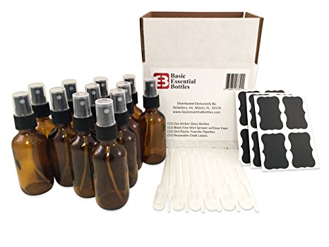 (12) 2 Ounce 2 oz Empty Amber Glass Bottles W/black Fine Mist Sprayer (12) 3ml Pipettes (12) Chalk Labels for Essential Oils, Cleaning Products, Aromatherapy